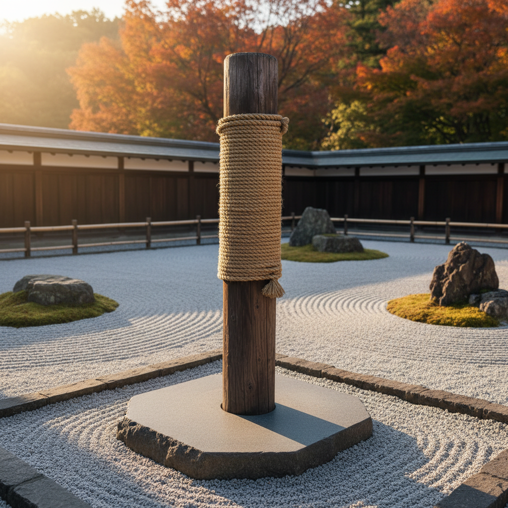 A solitary, vertical wooden makiwara striking post mounted on a smooth stone base at the edge of an outdoor training courtyard, its padded upper section wrapped tightly in rough, beige rope. The courtyard is enclosed by low, dark wooden walls and bordered with carefully raked gravel and minimalist rock arrangements, evoking a fusion of martial focus and meditative calm. Early morning light cuts in at a low angle, creating long, dramatic shadows that emphasize the grain of the wood and the fibers of the rope. Shot in photographic realism from a three-quarter perspective, with a shallow depth of field that blurs the far wall and trees, the mood is bold yet contemplative, symbolizing the steady, devotional cultivation of physical power and refined character.