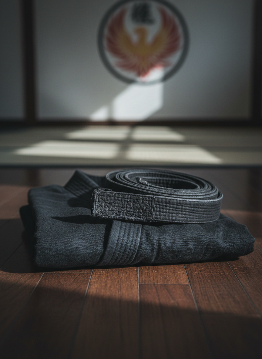 A folded, deep-black martial arts gi with a subtle sheen, thick cotton texture, and crisp stitched seams, resting neatly on a smooth, dark wooden dojo floor. Beside it lies a carefully coiled black belt, its frayed edges hinting at years of disciplined training. Overhead, diffused skylight washes the scene in cool, even photographic realism, creating clean reflections in the polished floor and soft shadows under the fabric. The background falls into gentle blur, revealing only the faint lines of tatami mats and a distant, out-of-focus dojo emblem. Shot at eye level with a shallow depth of field, the composition is bold and minimal, evoking focus, inner strength, and the quiet resolve to master oneself.
